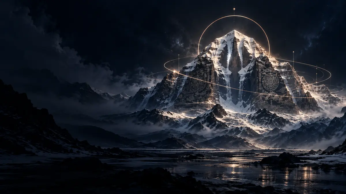 Snow-covered Himalayan summit framed by delicate copper orbital lines against a dark night sky